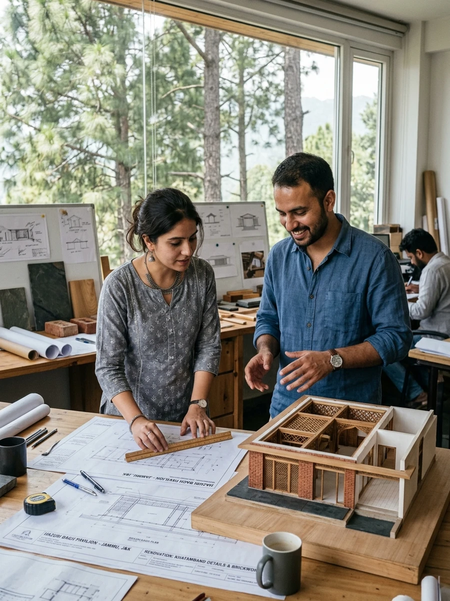 Architects collaborating on heritage pavilion designs in Jammu and Kashmir