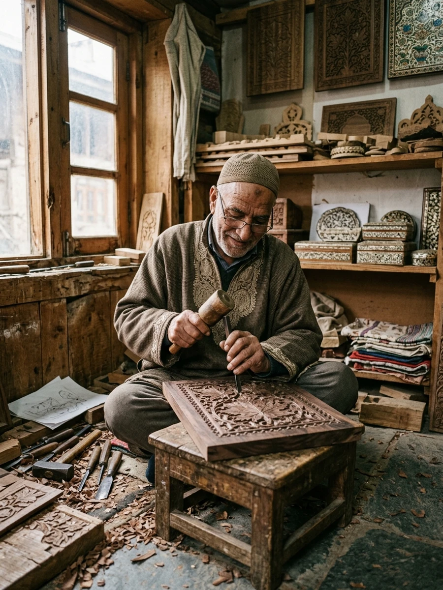 Master artisan hand-carving walnut wood in Srinagar, Jammu and Kashmir