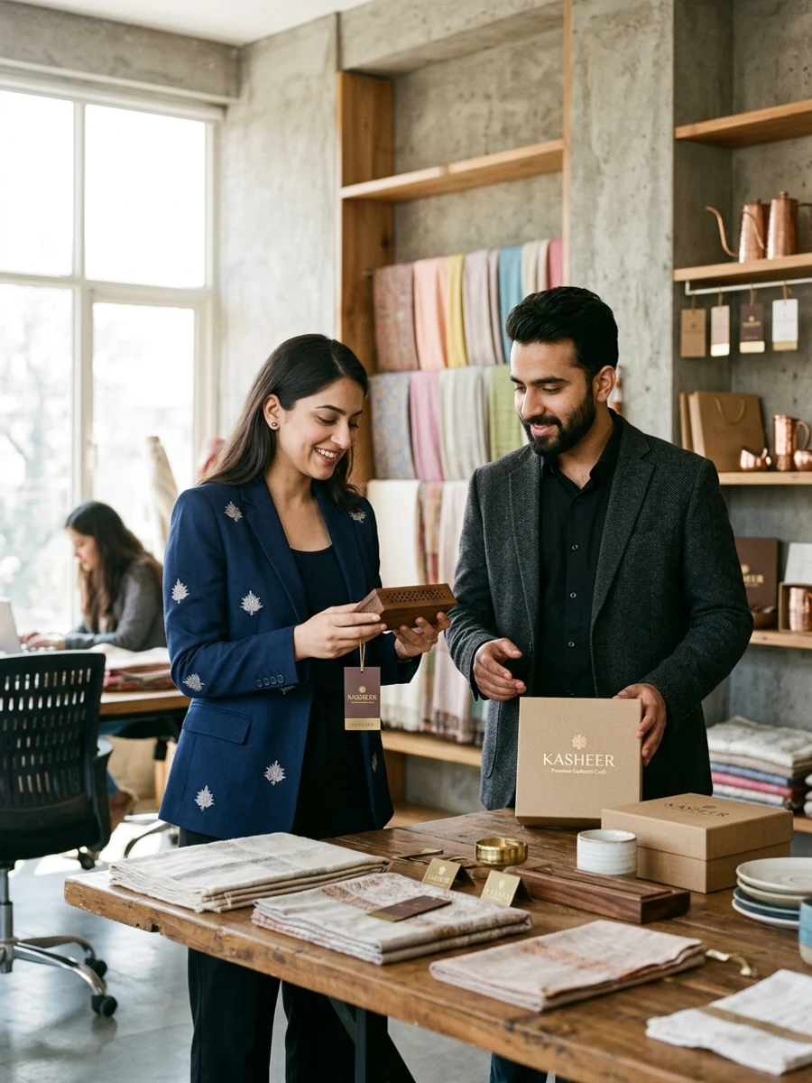Creative entrepreneurs developing luxury craft packaging in Jammu and Kashmir