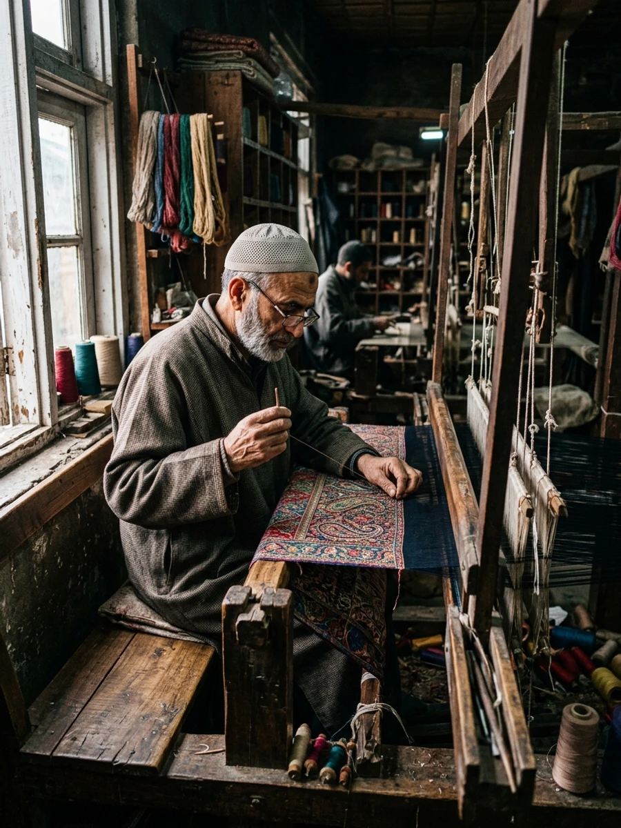 Master weaver creating handloom Pashmina textiles in Jammu and Kashmir